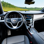 A sleek, modern Cadillac XT4 SUV, dark metallic grey, driving dynamically on a wide, open Malaysian highway under a clear sky. The vehicle exudes a powerful and sophisticated presence, with sharp lines, a prominent vertical grille, and distinctive vertical headlights. The interior is visible through the windows, showing a luxurious cabin with rich wood trim and a clean dashboard layout. The focus is on the car's engaging driving experience and elegant yet bold American design. Professional photography, high-quality, fully clothed, appropriate attire, safe for work, perfect anatomy, correct proportions, natural pose, professional.