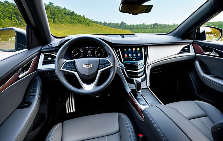 A sleek, modern Cadillac XT4 SUV, dark metallic grey, driving dynamically on a wide, open Malaysian highway under a clear sky. The vehicle exudes a powerful and sophisticated presence, with sharp lines, a prominent vertical grille, and distinctive vertical headlights. The interior is visible through the windows, showing a luxurious cabin with rich wood trim and a clean dashboard layout. The focus is on the car's engaging driving experience and elegant yet bold American design. Professional photography, high-quality, fully clothed, appropriate attire, safe for work, perfect anatomy, correct proportions, natural pose, professional.
